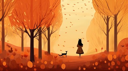 cute cartoon childrenbook desing illustration, girl walking  in autumn forest, Generative Ai