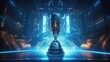 © ALDHY - Champion tech trophy. E-Sports winner trophy on a futuristic view of a night sky filled with advanced technology neon lights. Generative AI.