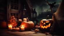 Halloween Composition Of A Burning Group Of Pumpkins With A Candle, Dark Background. AI Generated.