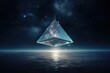 Floating crystal pyramid in zero gravity against a starlit sky