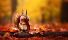 Super Cute Funny Squirrel Wearing A Scarf In Beautiful Fall Landscape, Autumn Scene With A Cute European Red Squirrel. Sciurus Vulgaris. Copy Space
