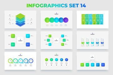 Poster - Collection of infographic presentation slides with flowcharts, timelines and column diagrams