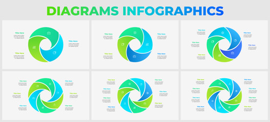 Collection of circle elements divided into 3, 4, 5, 6, 7 and 8 options. Templates of cycle infographics