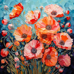 Canvas Print - Printable digital oil painting of red poppies flowers on blue background, modern impressionism, impasto. Generative AI