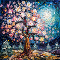 Poster - Digital oil painting of a tree with flowers in the forest at night, modern impressionism, impasto. Wall art for children's room. Generative AI