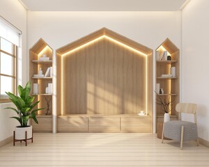 Wall Mural - Modern Nordic style living room decorated with minimalist tv cabinet and bookshelf, armchair and wood floor, white wall and wood slat wall. 3d rendering