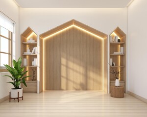 Wall Mural - Modern Nordic style living room decorated with minimalist tv cabinet and bookshelf, white wall and wood slat wall. 3d rendering