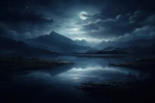 Moonlight Reflecting Off A Tranquil Lake, Surrounded By Shadowy Hills