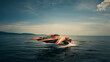 Futuristisches Sport Rennboot im Meer mit rasender Geschwindigkeit und fliegt bei Sonnenuntergang, ai generativ