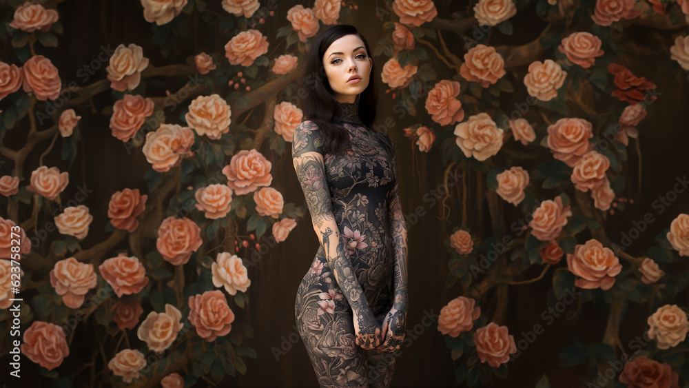 Hbsche Frau nackt mit Ganzkrper Tattoo und Blumen im Hintergrund, ai  generativ Stock Illustration | Adobe Stock