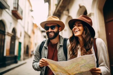 a girl and a man are walking around the old city, looking at the map. happy travel concept. generative ai.