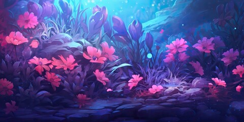 Wall Mural - AI Generated. AI Generative. Violet purple blue pink flowers plant foilage meadow field of bloom wild beautiful decoration landscape background. Graphic Art