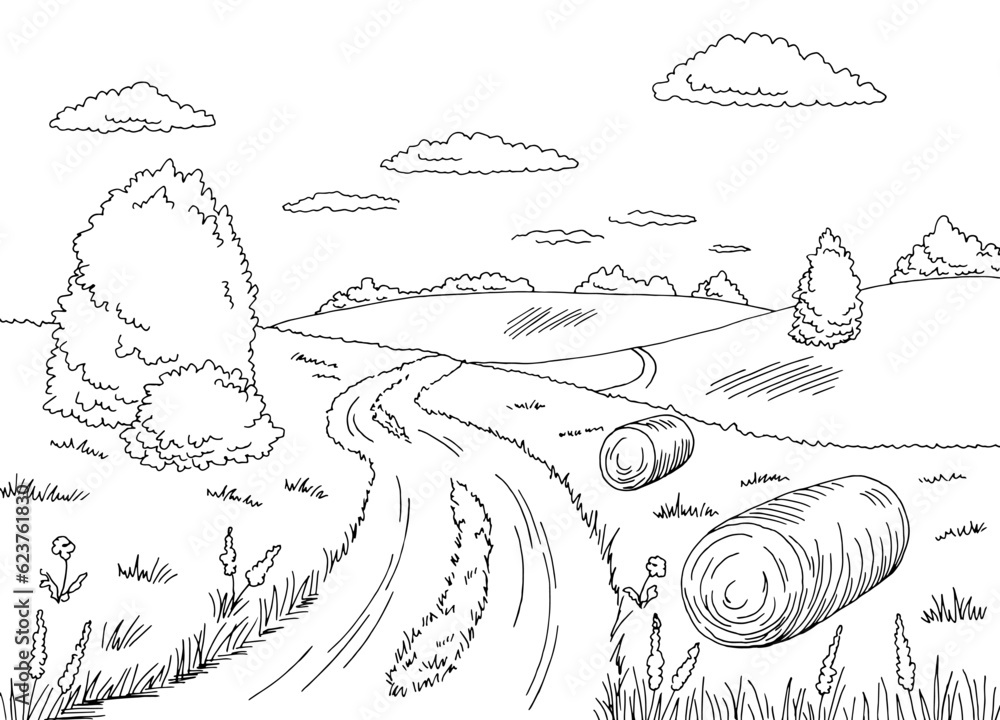 Field graphic black white landscape sketch illustration vector Stock ...