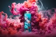 canvas print picture - Puffs of pink smoke in front of a blue background stock photo, in the style of bold color blobs, resin, juxtaposed imagery, realistic hyper - detail