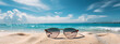 Sonnenbrille, liegend auf einem Wunderschönen Strand mit Palmen und türkisfarbenem Wasser auf einer Insel, Generative Ai