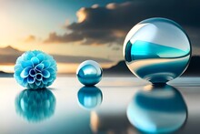 Blue Crystal Ball , Blue Crystal Flower And Small Blue Pearl Shining As Glass 