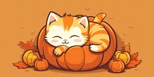 Cute Cartoon Cat Sleeping On A Pumpkin - Embracing The Fun Of Fall Harvest - Playful And Whimsical Design -  Generative AI Digital Illustration