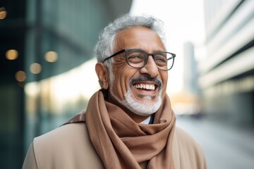 Portrait photography of a cheerful Saudi Arabian man in his 70s wearing a chic cardigan against a modern architectural background 