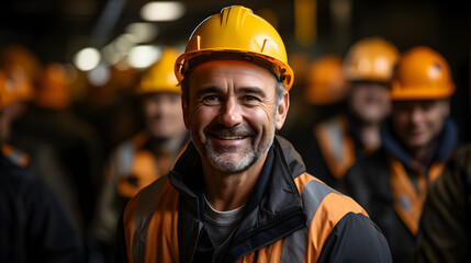 Wall Mural - Engineer at construction site wearing safety helmet Confident engineer looking at camera with team behind