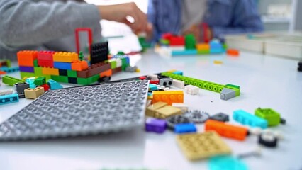 Wall Mural - robotics programming class. children construct and code robot. stem education using constructor bloc