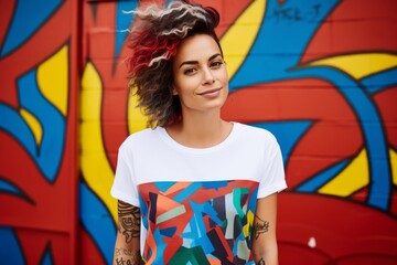 Wall Mural - Portrait of a beautiful young african american woman with curly hair, wearing casual t-shirt, posing against graffiti wall.