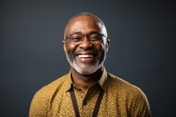 Portrait photography of a happy Nigerian black man in his 50s wearing a chic cardigan against an abstract background 