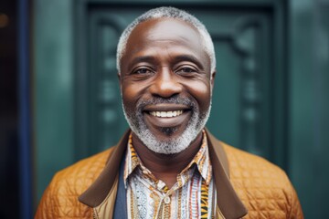Portrait photography of a happy Nigerian black man in his 50s wearing a chic cardigan against an abstract background 