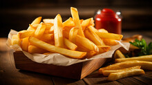 French Fries On Wooden Table