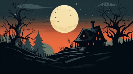 Wall Mural - Happy Halloween poster with abstract houses silhouettes on landscape and big moon on the sky. Halloween night concept. AI illustration. For wallpaper, flyer, etc.