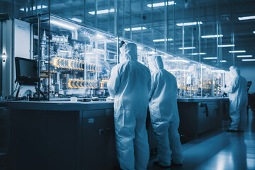 Wall Mural - A group of people standing in a lab. Generative AI. Workers in protective wear in industrial manufacturing cleanroom environment.