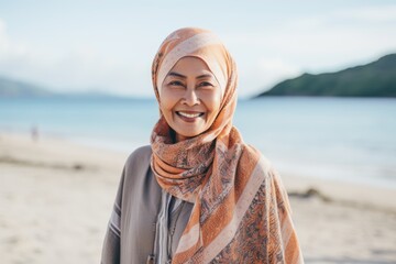 Wall Mural - Portrait photography of a satisfied Indonesian woman in her 50s wearing a charming scarf against a beach background 