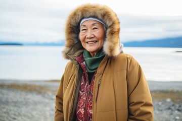 Wall Mural - Portrait of senior Asian woman wearing warm clothes on the beach.