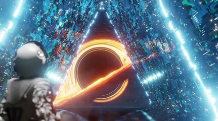 Astronaut admiring black hole from spaceship. 3d animation