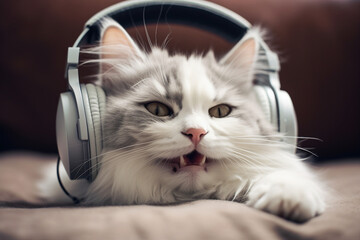 Wall Mural - Photo template inspiration image of funny charming fluffy cat enjoying music headphones created with generative ai modern technology