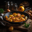 fried potatoes in a frying pan on a wooden table, close-up