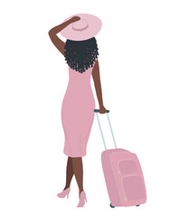 travel concept. cute black woman in a pink dress and hat with a pink suitcase in her hand. back view