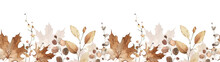 Watercolor Seamless Border. Orange And Yellow Autumn Wild Flowers, Branches, Maple Leaves And Twigs. Isolated Clipart.
