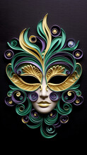 A Paper Mask With Green, Purple And Gold Decorations. Generative AI.