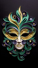 Wall Mural - A paper mask with green, purple and gold decorations. Generative AI.