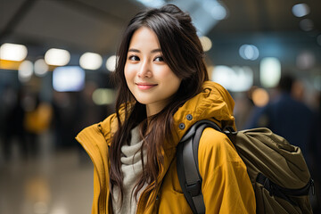 Poster - A woman in a yellow jacket is standing in an airport. Generative AI. Female traveller in train station or airport in jacket and backpack.