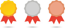Gold, Silver, And Bronze Medal With Stars. Trophy With Red Ribbon. Suitable For Design Elements Of Award Medals, Best Prize Badges, And Winner Sign