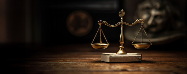 A golden scale on a wooden base is illuminated by a spotlight. Concept banners with copy space for justice, lawyers and court.