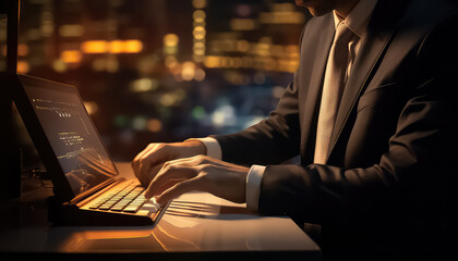close up of hands of business man, working on laptop