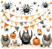 Happy Halloween Big Collection, Party Garlands, Various Holiday Symbols. Hand Drawn Watercolour Painting On White, Clip Art Graphic Elements For Creative Design, Printable Decor.GenerativeAI.