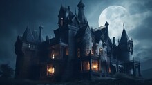 Scary Gothic Castle On Halloween. Generative AI
