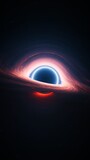 Fototapeta  - Giant singularity in outer cosmos. Vertical 3D illustration astrology background. Interstellar black hole with glowing rotating accretion disk. Background cosmos of wormhole warped in curved space.