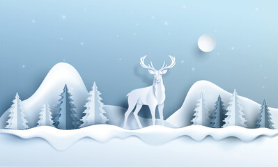 Reindeer with christmas tree and snow