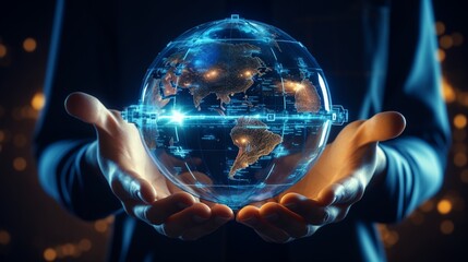 Hands Holding blue glowing Globe that shows Global Connectivity Concept. Generative AI