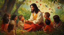 Jesus Sitting In The Forest And Teaches Kids, After St. Matthew, Let The Little Children Come To Me, And Do Not Hinder Them