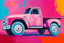 Oil Painting Vintage Pink Truck.Generative AI